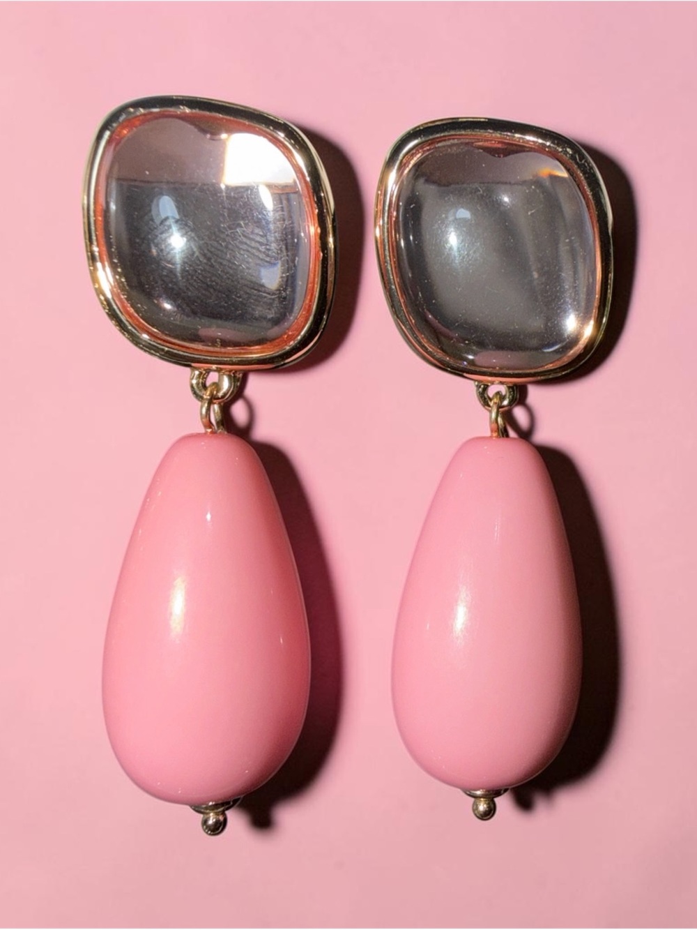 Pink Teardrop Dangle Earrings with Gold Trim